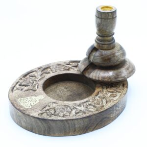 Mango wood backflow burner featuring a brass Buddha design.