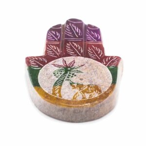 Soapstone Hamsa incense holder featuring elephant and palm design.