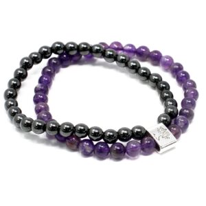Amethyst magnetic gemstone bracelet on a neutral background.