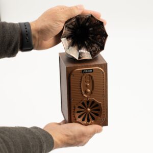Retro tall gramophone speaker with Bluetooth connectivity and powerful sound.