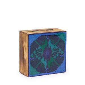 Small enameled square box featuring a wolf and moon design.