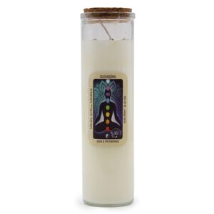Cleansing soy wax candle with White Jasper gemstones and sage and peppermint scent.