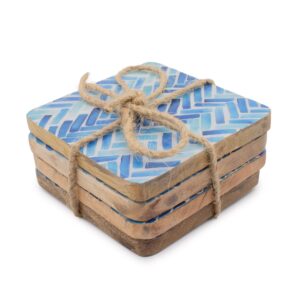 Set of four square coasters featuring a stylish blue stripe pattern.