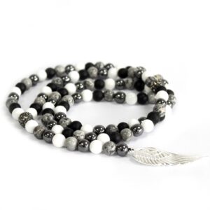 Grey agate gemstone necklace with angel wing pendant, perfect for mindful living.