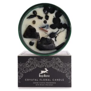 Hop Hare Crystal Magic Flower Candle featuring Black Obsidian and dry flowers.