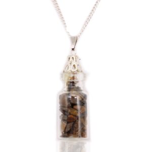 Bottled gemstones necklace featuring a tiger eye stone in a stylish design.