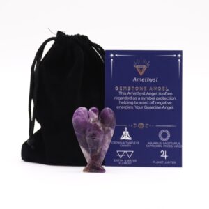 Hand-carved amethyst gemstone angel with intricate details and a serene expression.
