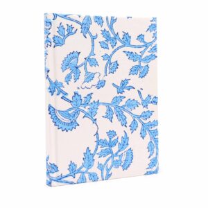 Pale blue floral cotton bound notebook with 96 pages, perfect for notes.