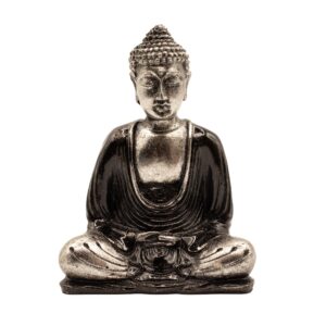Hand-painted medium Buddha statue in black and grey, symbolising meditation and wisdom.