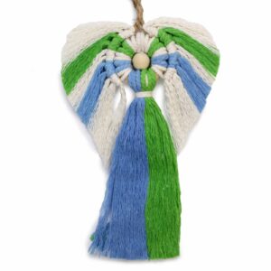 Hand woven macrame angel in earthy colours, symbolising care and balance.