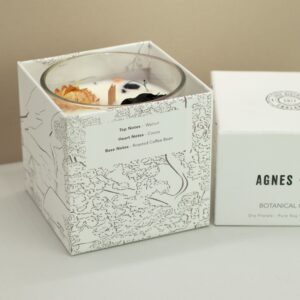 Botanical soy wax candle with a warm Lakeland Mocha scent in a stylish container.