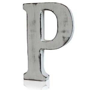 Handmade white letter 'P' from mango wood with a rustic finish.