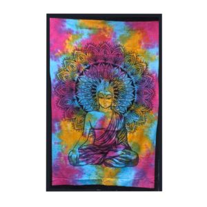 Handmade cotton bedspread featuring a Peaceful Buddha design, perfect for home decor.