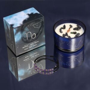 Zodiac Crystal Candle with a gemstone bracelet for Capricorn, featuring calming colours.