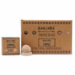 Banjara smudge beads made from copal for cleansing and purifying spaces.