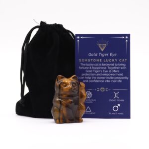 Gold Tiger Eye gemstone lucky cat figurine for home decor and gifting.