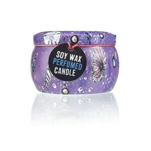 Colourful tin candle with sea life design and raspberry scent.