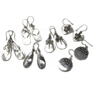 Handmade shell and silver earrings featuring three heart designs.