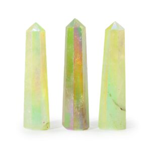 Pale green Aurora Crystal Quartz obelisk point with a luminous glow and polished finish.