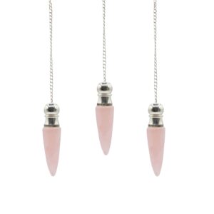 Rose quartz pendulum with silver plating and hidden cavity for dowsing.