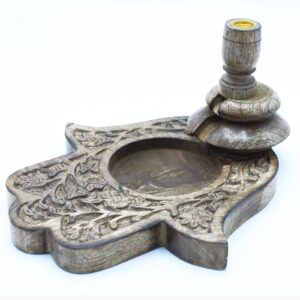 Large mango wood backflow burner featuring a Hamsa design for incense use.