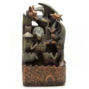 Elegant tabletop water feature with dragons, crystal ball, and water wheel.