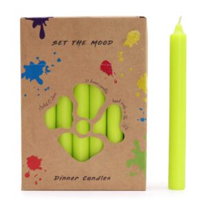 Rustic lime green dinner candles arranged in a stylish set of 21.