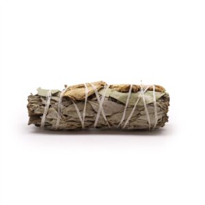 Smudge stick featuring white sage, eucalyptus, and ginger for cleansing spaces.