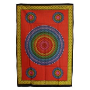 Geometric wall art featuring five colourful Flower of Life circles on a red background.
