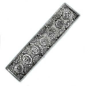Long polished aluminium incense holder with vibrant floral chakra design.
