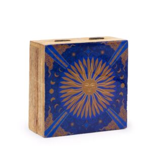 Medium enameled square box featuring a sun design, ideal for home decor.