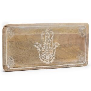Whitewash long tray featuring a Hamsa design, perfect for home decor.