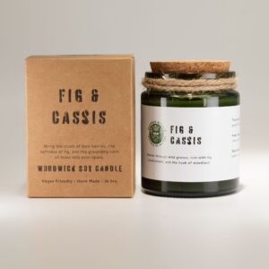 Greenman Woodwick Soy Candle in rustic glass jar with wooden wick.