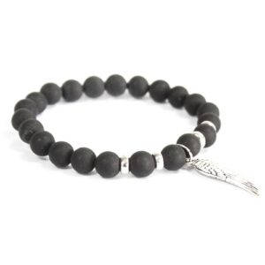 Black agate gemstone bracelet with an angel wing charm for protection.