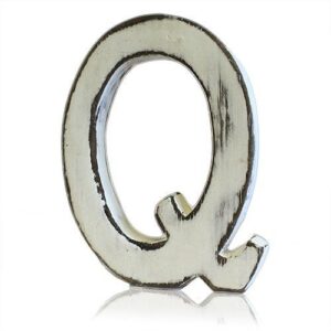 Handmade white letter 'Q' from mango wood with a rustic finish.