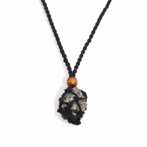 Black gemstone necklace cord with natural wood beads and adjustable length.
