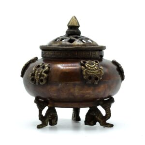 Handcrafted brass incense burner featuring six symbols and dragon feet.