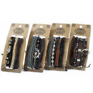 Stylish men's bracelet set featuring leather and metal charms in various designs.
