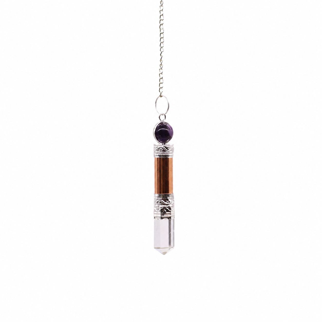 Copper pendulum featuring amethyst and quartz with polished point and silver detailing.