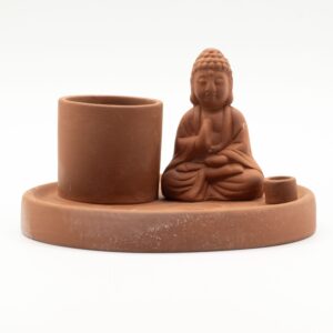 Natural terracotta Buddha incense plate for mindful living and home fragrance.