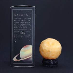 Yellow Jade planet on a Solar Goldstone stand, symbolising patience and focus.