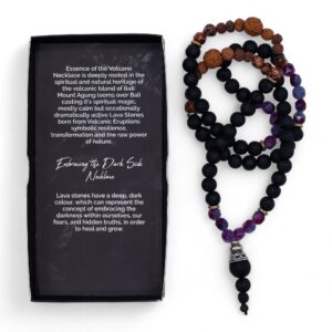 Necklace featuring dark lava stones and vibrant gemstone accents inspired by Bali's landscape.