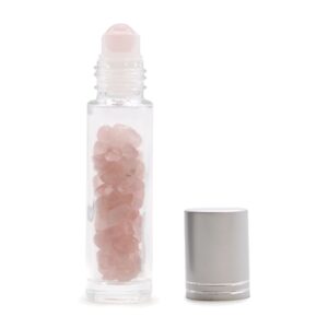 Rose quartz essential oil roller bottle with silver cap and unique gemstone design.