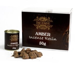 50g tub of Amber Resin for incense burning, offering a unique smoky fragrance.