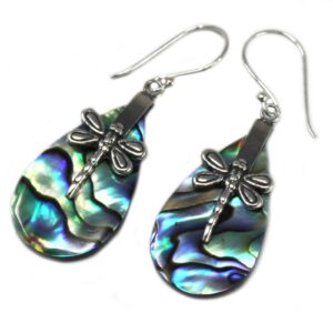 Handmade shell and silver earrings featuring dragonfly design in abalone.