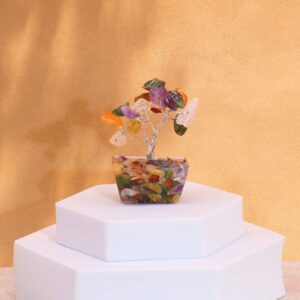 Mini gemstone tree with multi stones on an orgonite base, approximately 5 cm tall.