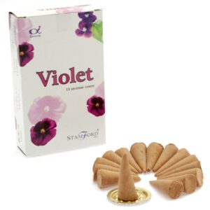 Pack of Stamford Premium Incense Cones with a metal holder for home fragrance.