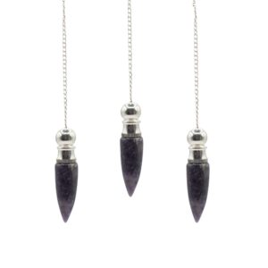 Amethyst pendulum with silver plating and hidden cavity for dowsing and divination.