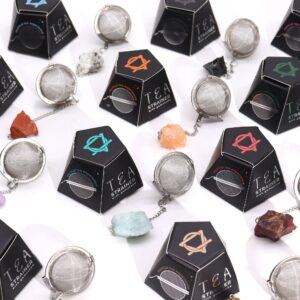 Aquamarine raw crystal gemstone tea strainer with stainless-steel mesh.