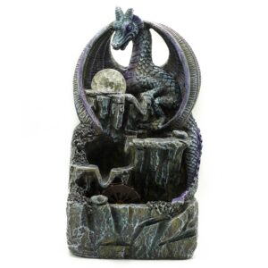 Purple dragon tabletop water feature with crystal ball and water wheel.
